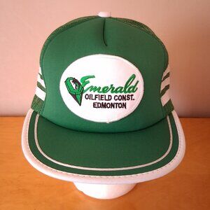 Vintage 1980s Emerald Oilfield Construction Edmonton Green 3 Stripe Trucker Hat